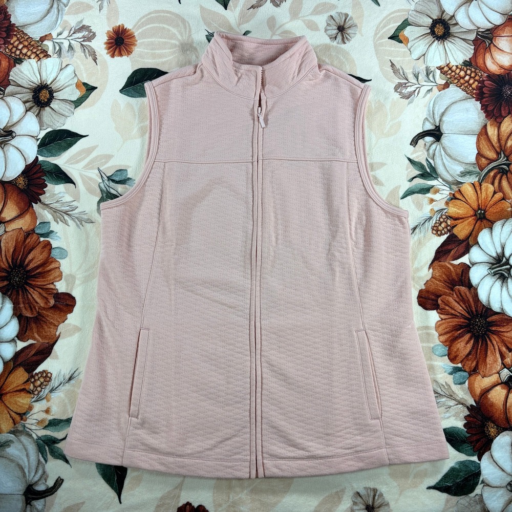 NWT National Womens Blush Pink Textured Quilted Full Zip Mock Neck Pocket Vest L